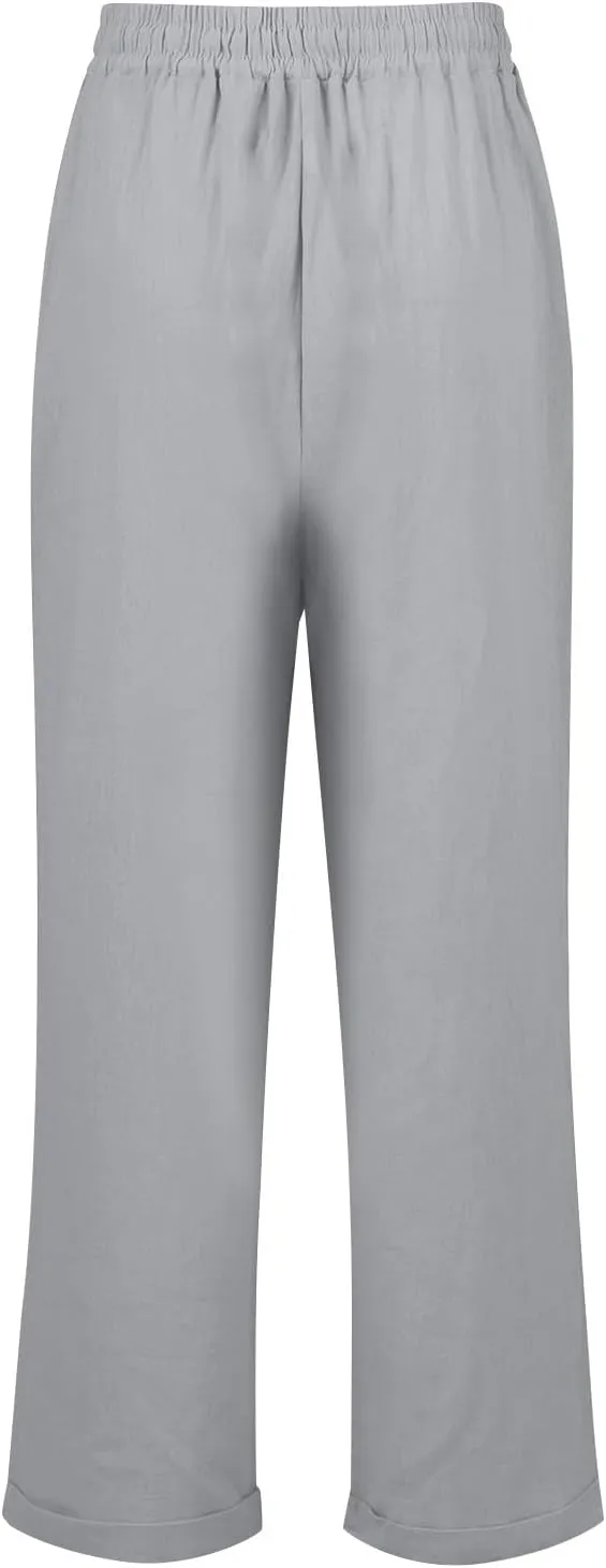 2024 Linen Crop Pants for Women Casual Summer Drawstring High Waisted Joggers with Pockets Straight Leg Cropped Pants