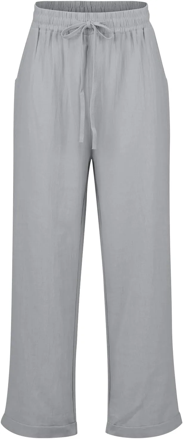 2024 Linen Crop Pants for Women Casual Summer Drawstring High Waisted Joggers with Pockets Straight Leg Cropped Pants