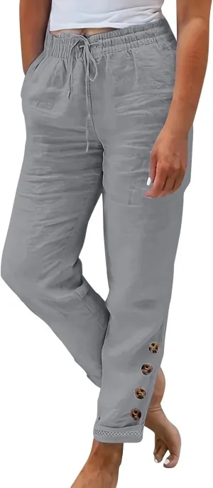 2024 Linen Crop Pants for Women Casual Summer Drawstring High Waisted Joggers with Pockets Straight Leg Cropped Pants