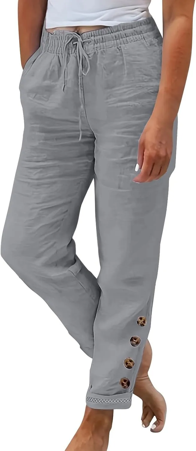 2024 Linen Crop Pants for Women Casual Summer Drawstring High Waisted Joggers with Pockets Straight Leg Cropped Pants