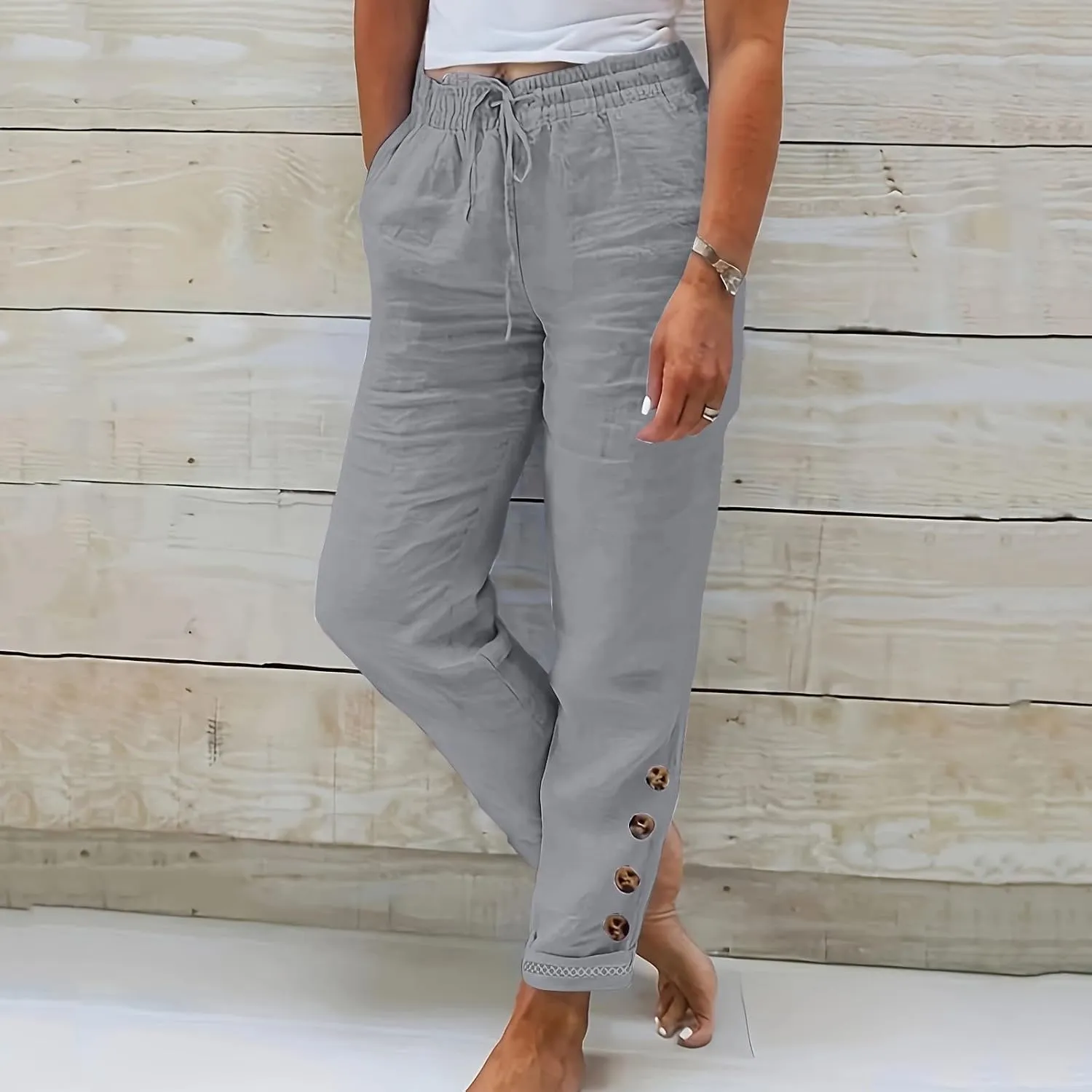 2024 Linen Crop Pants for Women Casual Summer Drawstring High Waisted Joggers with Pockets Straight Leg Cropped Pants