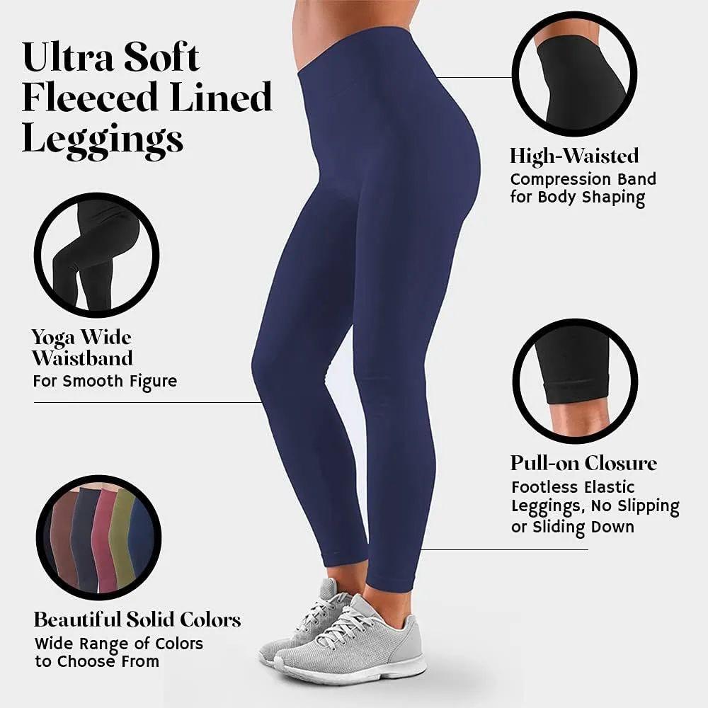 Active Club 3 or 6-Pack Fleece Lined Leggings for Women, High-Waisted Womens Leggings with Wide Waistband and Fleece Lining