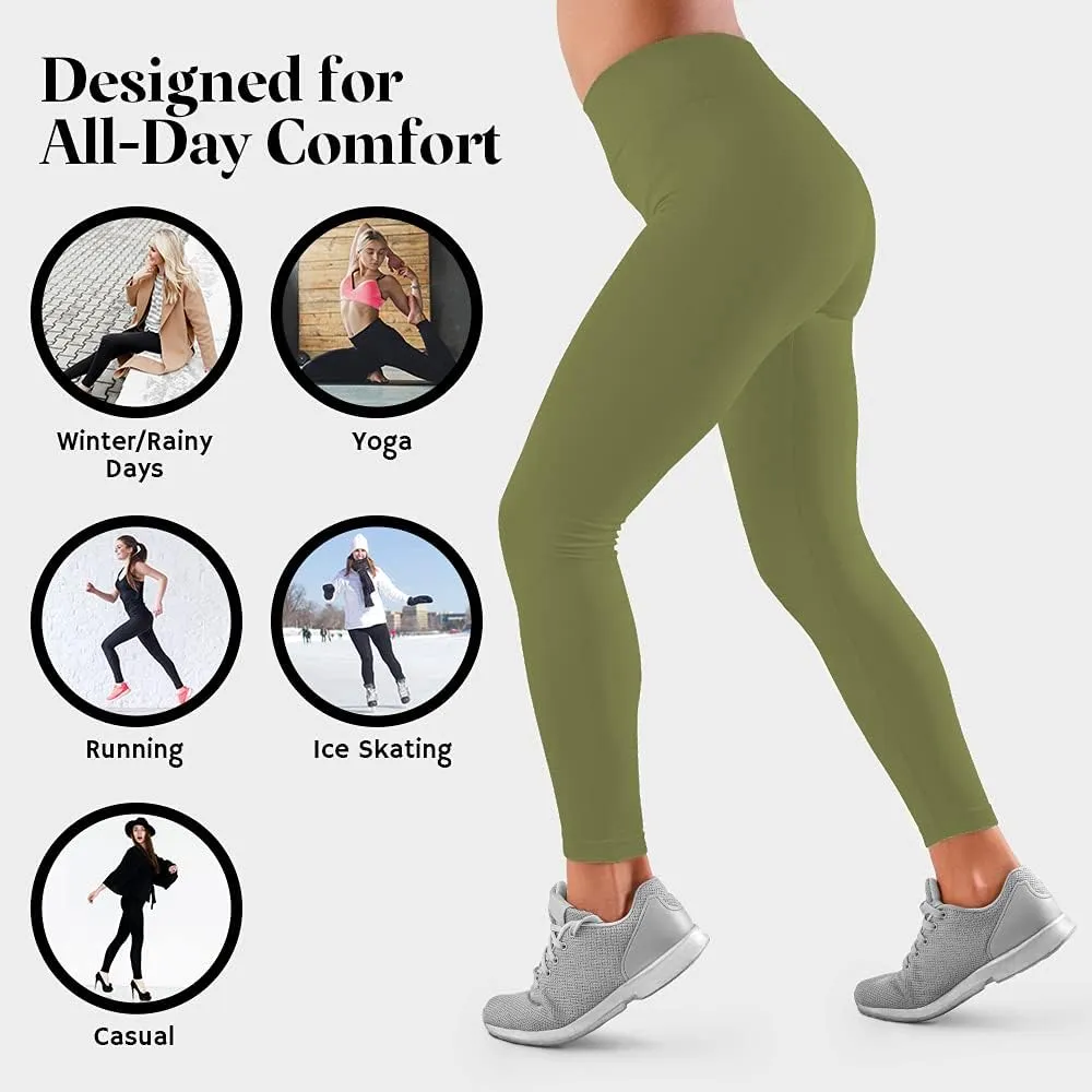 Active Club 3 or 6-Pack Fleece Lined Leggings for Women, High-Waisted Womens Leggings with Wide Waistband and Fleece Lining