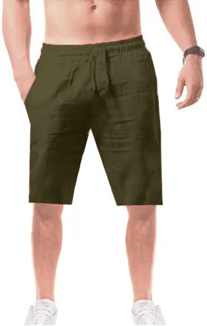 aihihe Men's Linen Bermuda Shorts Elastic Waist Drawstring Casual Summer Shorts Lighweight Loose Fit Beach Short Pants