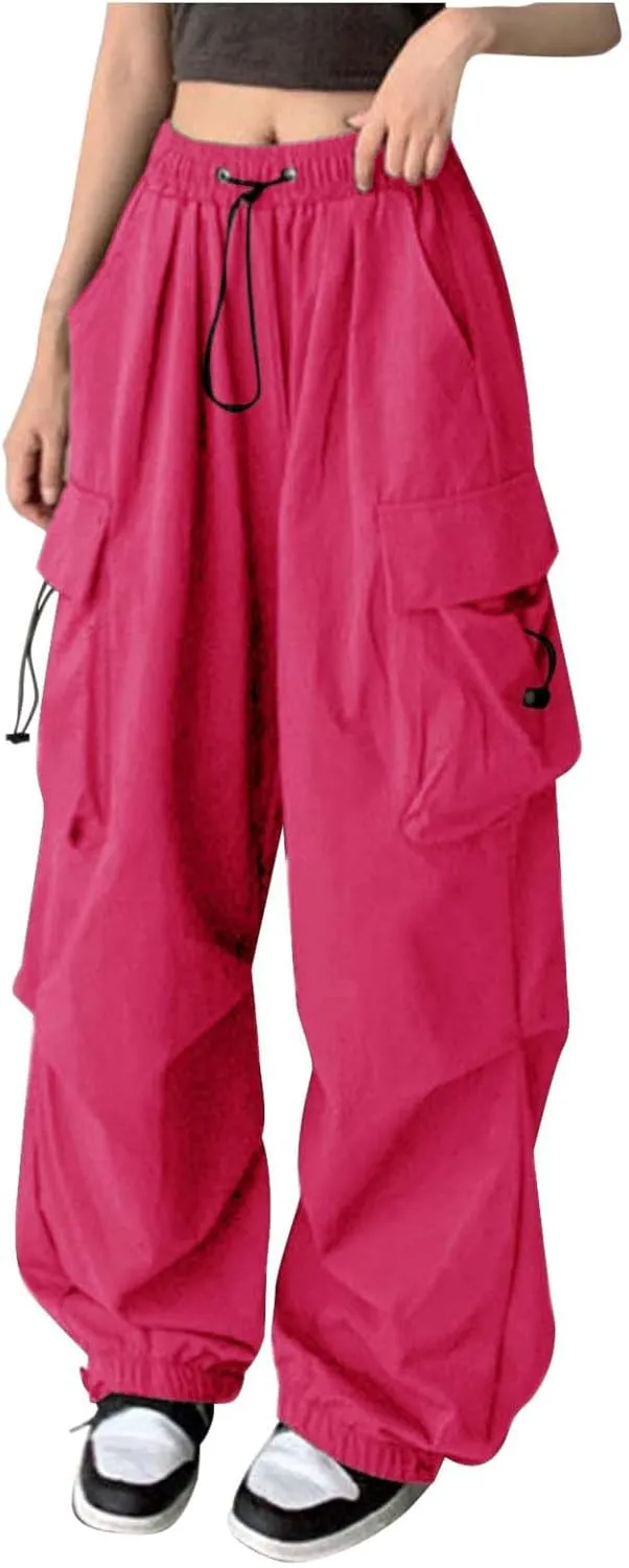 Baggy Parachute Pants for Women Drawstring Elastic Low Waist Ruched Cargo Pants Multiple Pockets Jogger Y2K