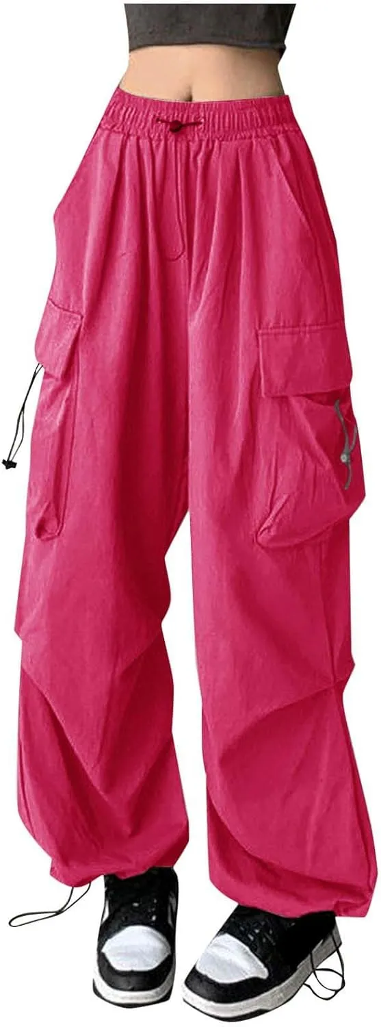 Baggy Parachute Pants for Women Drawstring Elastic Low Waist Ruched Cargo Pants Multiple Pockets Jogger Y2K