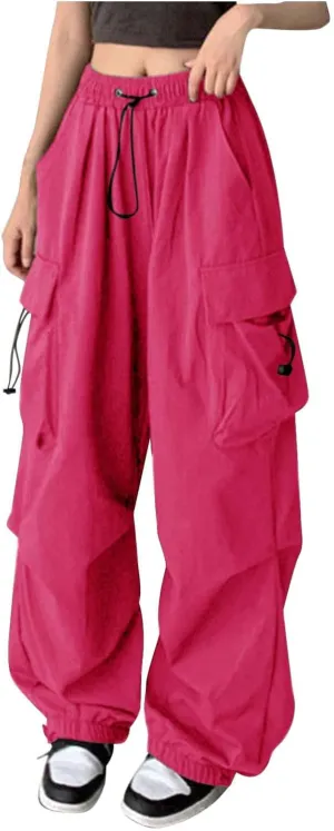 Baggy Parachute Pants for Women Drawstring Elastic Low Waist Ruched Cargo Pants Multiple Pockets Jogger Y2K