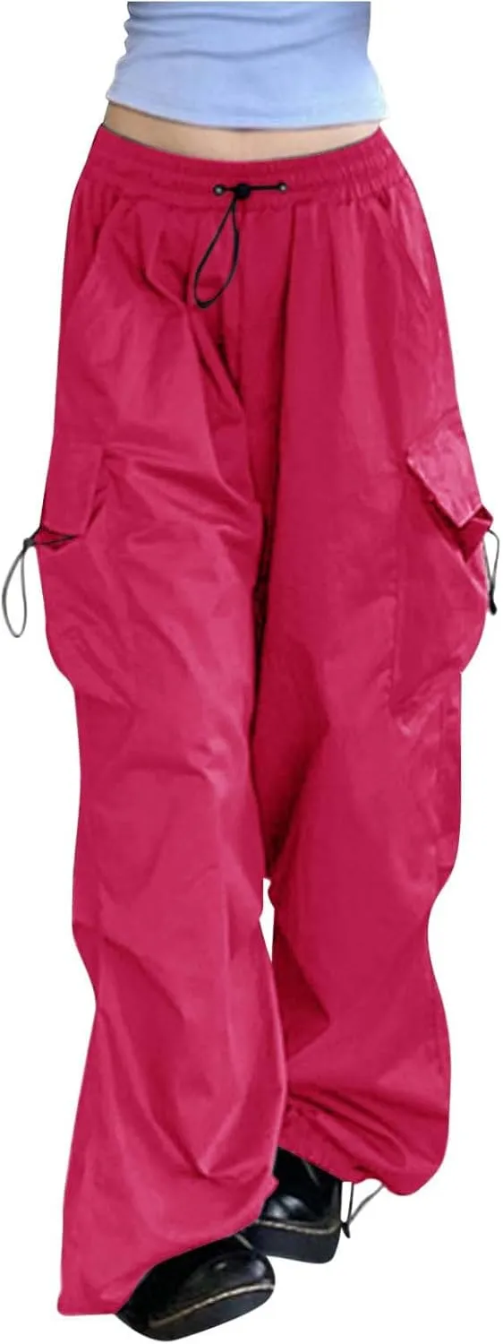Baggy Parachute Pants for Women Drawstring Elastic Low Waist Ruched Cargo Pants Multiple Pockets Jogger Y2K