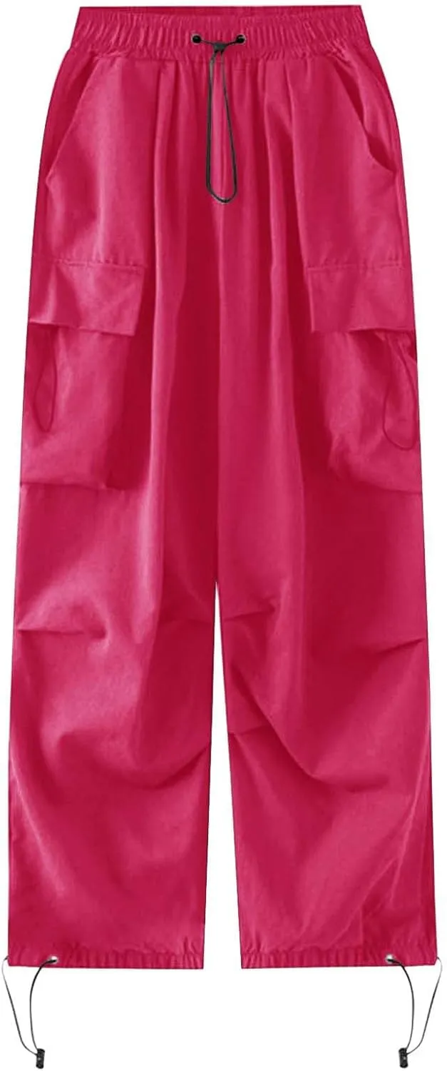 Baggy Parachute Pants for Women Drawstring Elastic Low Waist Ruched Cargo Pants Multiple Pockets Jogger Y2K