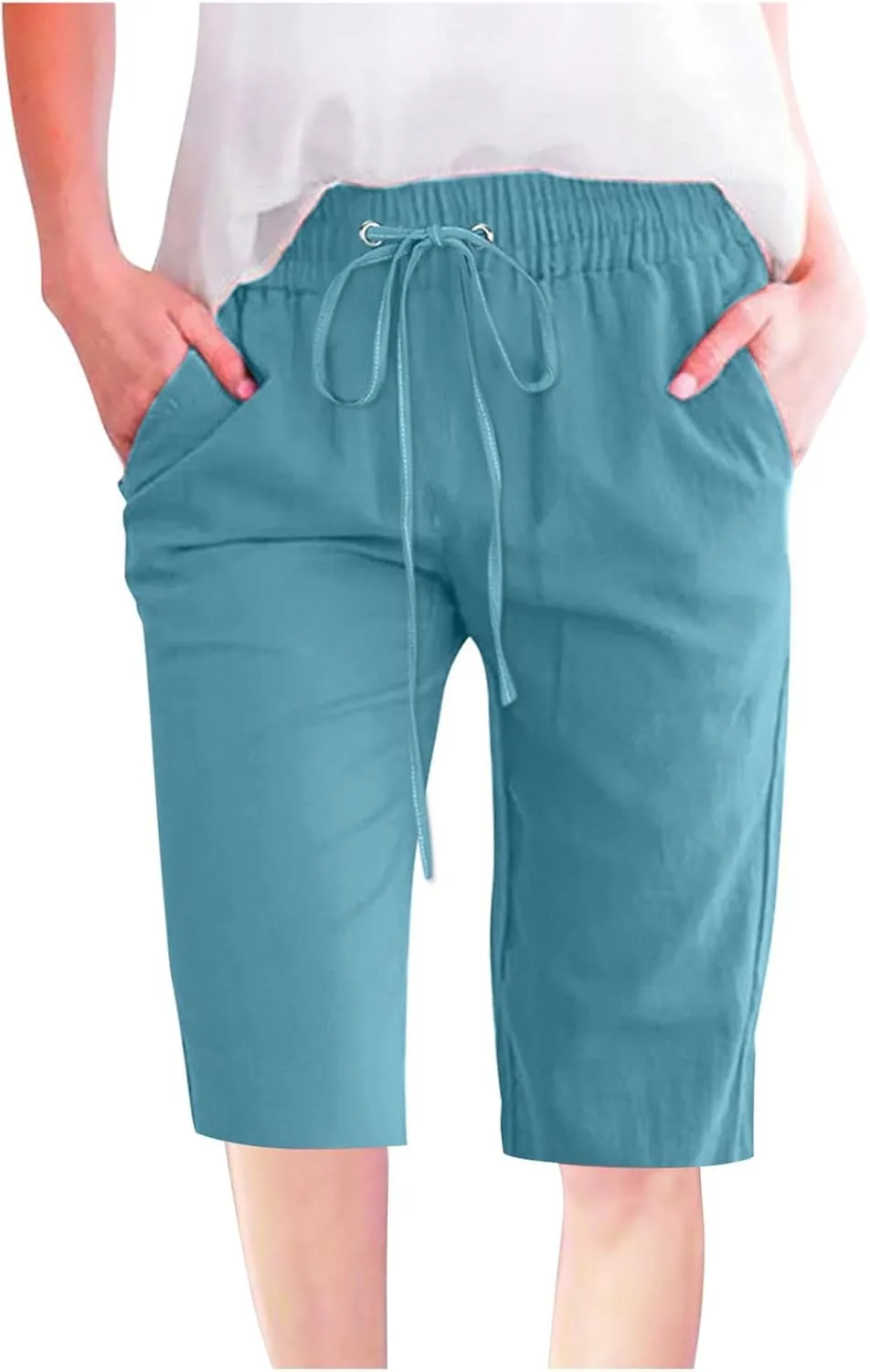 Bermuda Shorts for Women Elastic Drawstring High Waisted Outdoor Cargo Pants Casual Lightweight Hiking Pants