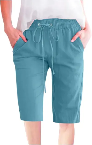 Bermuda Shorts for Women Elastic Drawstring High Waisted Outdoor Cargo Pants Casual Lightweight Hiking Pants