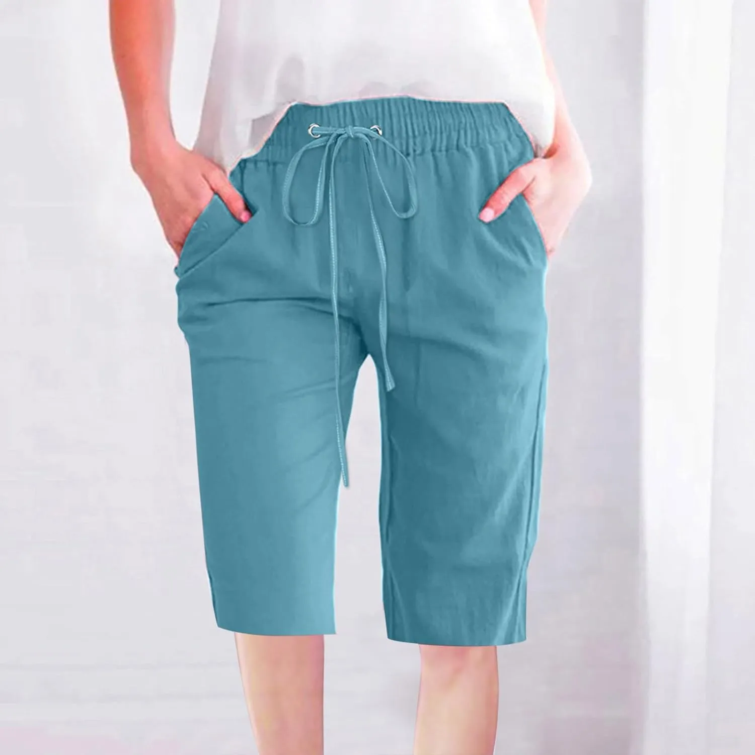 Bermuda Shorts for Women Elastic Drawstring High Waisted Outdoor Cargo Pants Casual Lightweight Hiking Pants