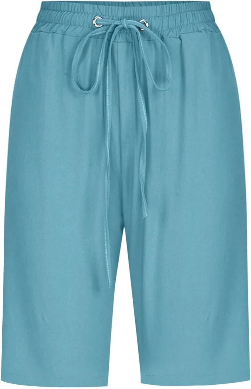 Bermuda Shorts for Women Elastic Drawstring High Waisted Outdoor Cargo Pants Casual Lightweight Hiking Pants