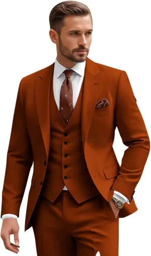 Burnt Orange Suits for Men 3 Piece Tuxedos for Wedding Business Suit for Men Slim Rust Mens Suit Wedding Regular Fit Men's Tailored Fit Suits