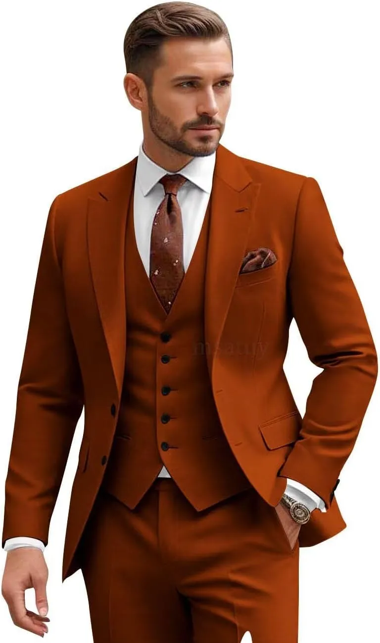 Burnt Orange Suits for Men 3 Piece Tuxedos for Wedding Business Suit for Men Slim Rust Mens Suit Wedding Regular Fit Men's Tailored Fit Suits