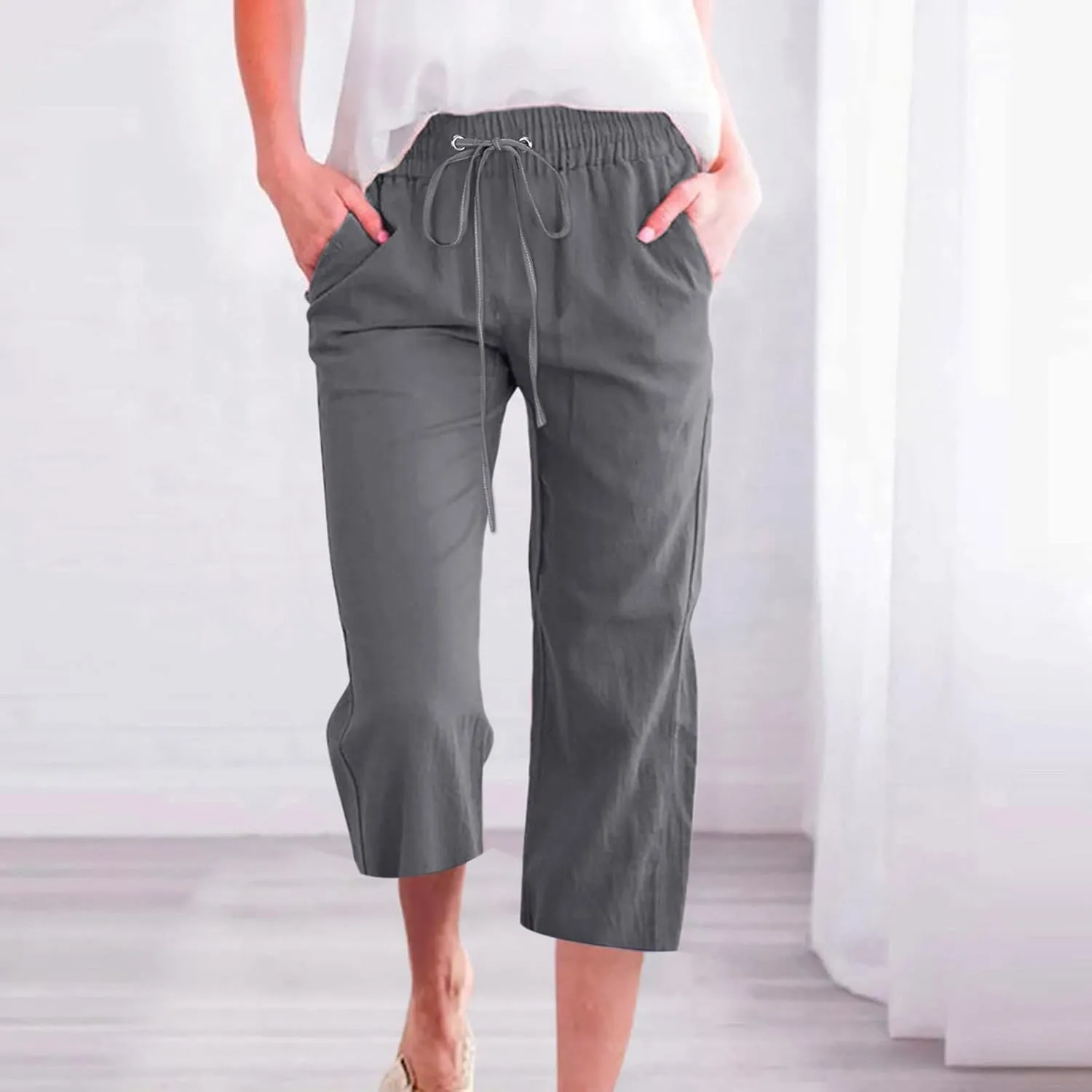 Capri Pants for Women Casual Summer Cotton Linen Cropped Pant Elastic High Waist Capris Straight Leg Lounge Trouser