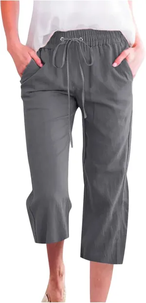 Capri Pants for Women Casual Summer Cotton Linen Cropped Pant Elastic High Waist Capris Straight Leg Lounge Trouser