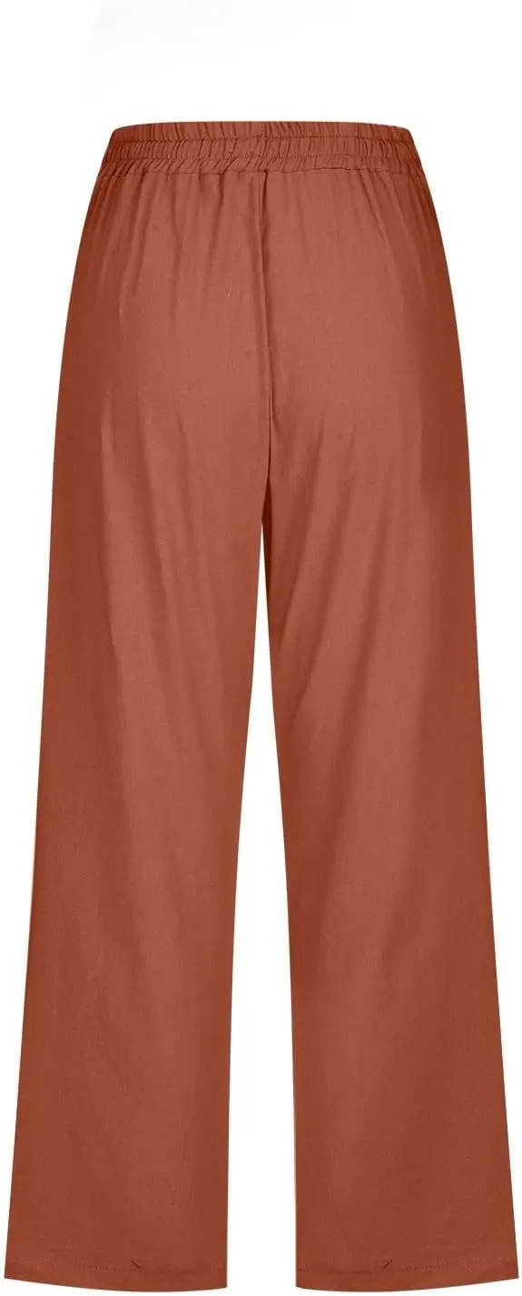 Capri Pants for Women, Casual Summer Drawstring High Waist Linen Pants Elastic Straight Wide Leg Plus Size Capris
