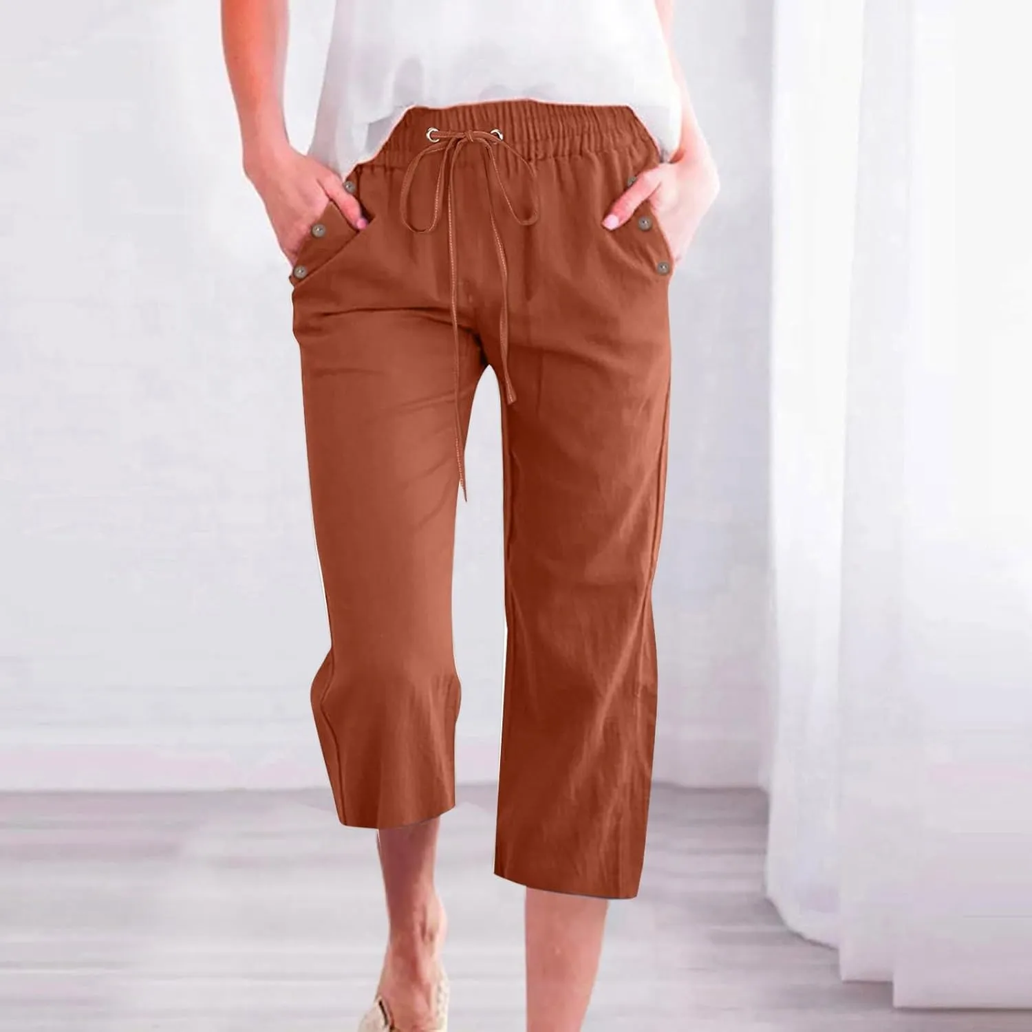 Capri Pants for Women, Casual Summer Drawstring High Waist Linen Pants Elastic Straight Wide Leg Plus Size Capris