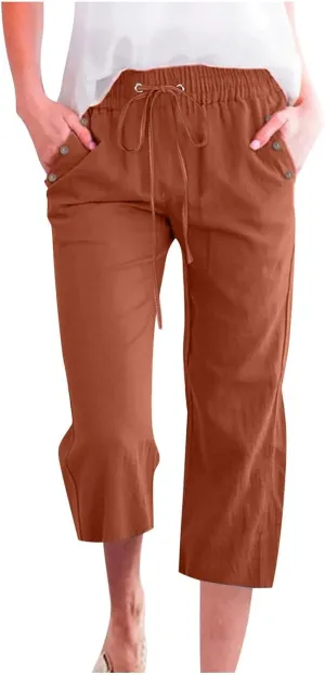 Capri Pants for Women, Casual Summer Drawstring High Waist Linen Pants Elastic Straight Wide Leg Plus Size Capris