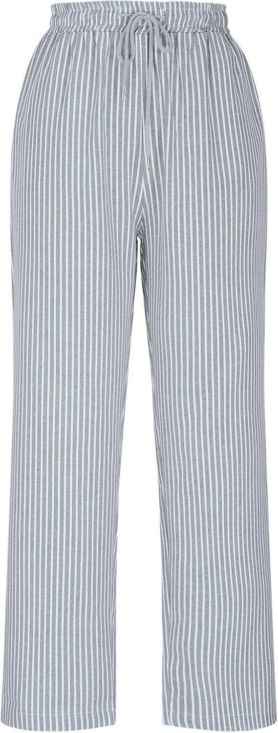 Casual Striped Cotton Linen Pant for Women Striped High Waisted Drawstring Summer Pants Loose Fit Trousers