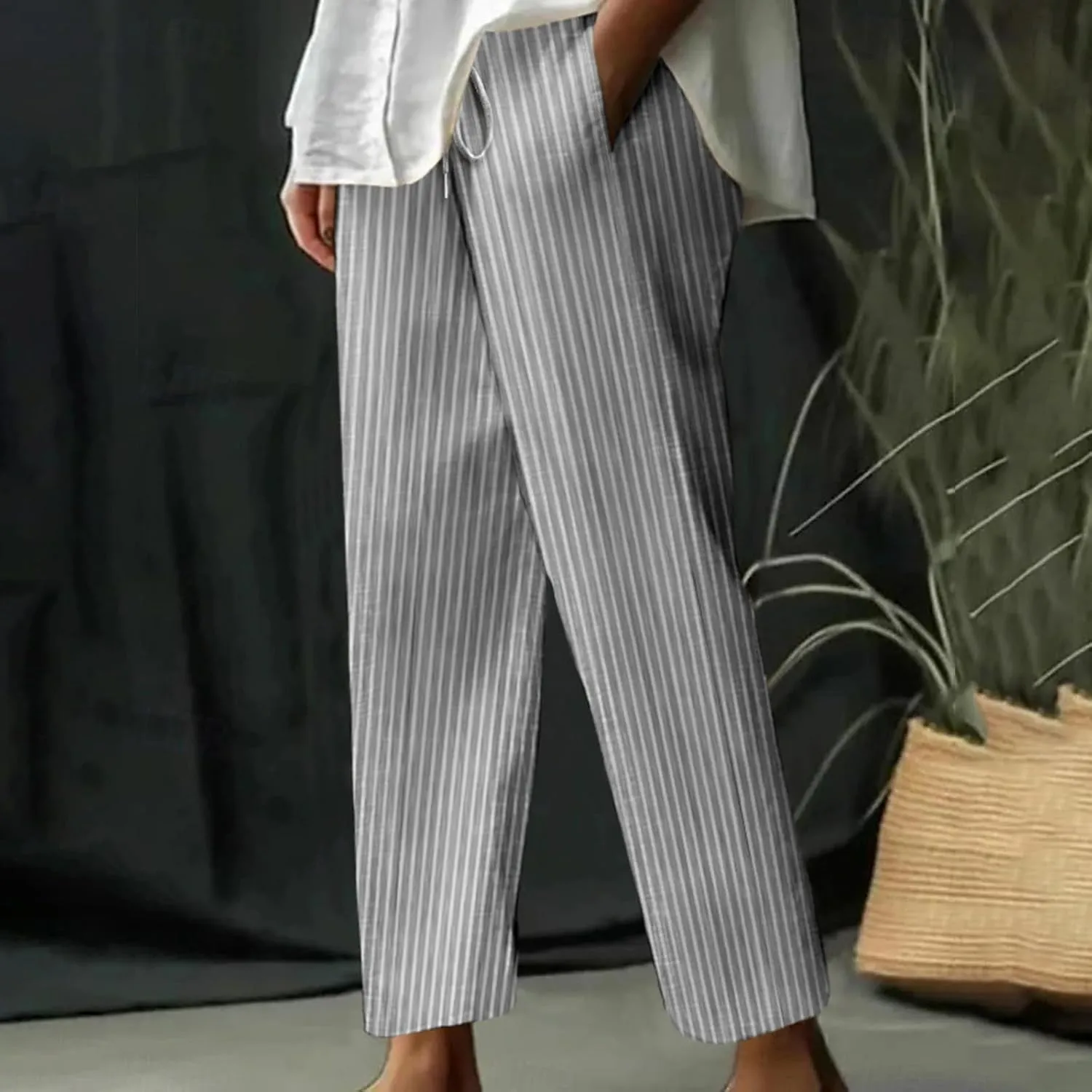 Casual Striped Cotton Linen Pant for Women Striped High Waisted Drawstring Summer Pants Loose Fit Trousers