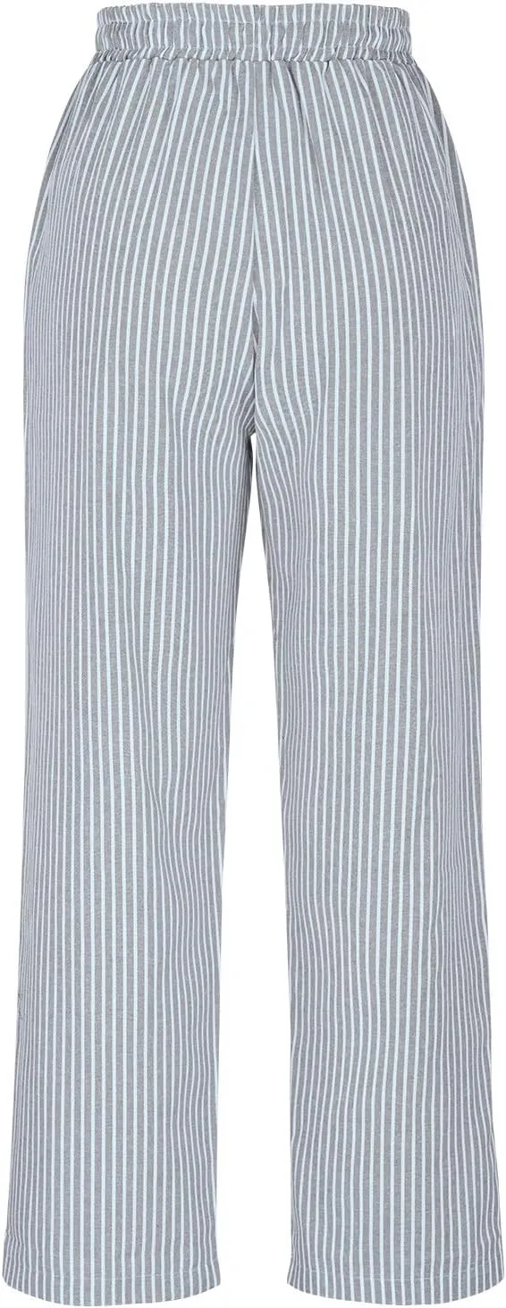 Casual Striped Cotton Linen Pant for Women Striped High Waisted Drawstring Summer Pants Loose Fit Trousers