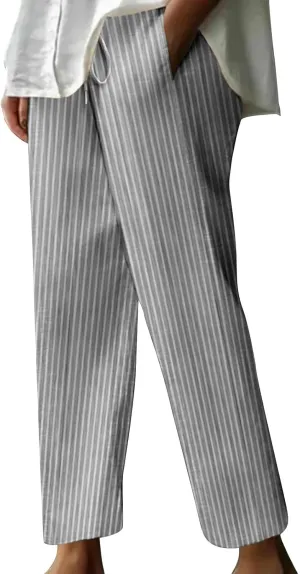 Casual Striped Cotton Linen Pant for Women Striped High Waisted Drawstring Summer Pants Loose Fit Trousers