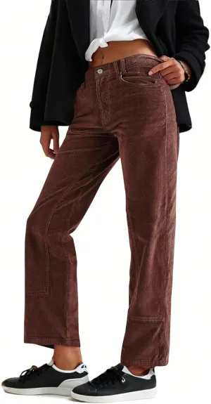 Corduroy Pants for Women Elastic High Waist Straight Leg Pants Casual Loose Vintage Pants Comfy Trousers with Pockets