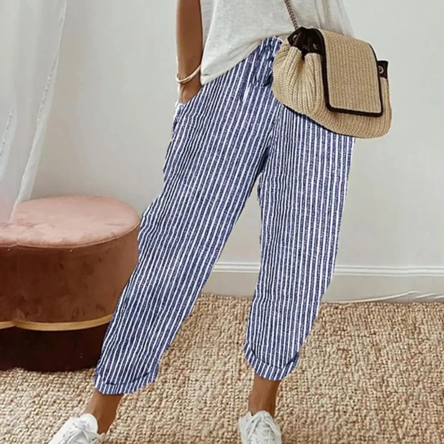 Cotton Linen Cropped Pants Women, Summer Flowy Drawstring 2025 High Waisted Trouser Business Wide Leg Outfits Slacks