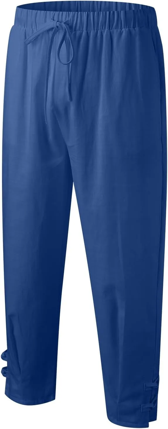 Cotton Linen Dress Pants for Men Elastic Drawstring Waist Lounge Beach Pants Summer Casual Straight Leg Dress Trouser