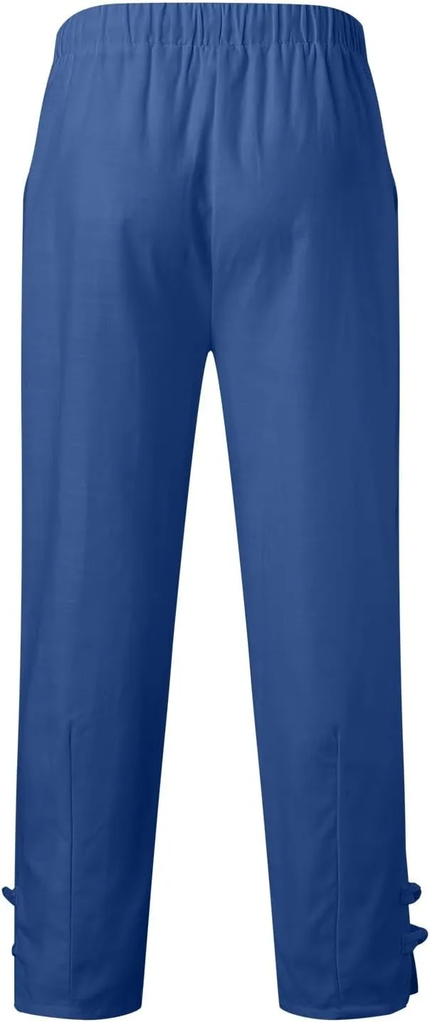 Cotton Linen Dress Pants for Men Elastic Drawstring Waist Lounge Beach Pants Summer Casual Straight Leg Dress Trouser
