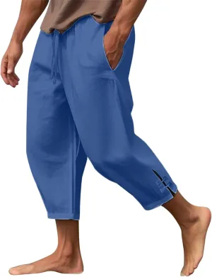 Cotton Linen Dress Pants for Men Elastic Drawstring Waist Lounge Beach Pants Summer Casual Straight Leg Dress Trouser
