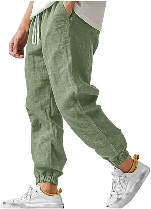 Cotton Linen Pants for Men Elastic Drawstring Waist Loose Casual Beach Pant Comfy Summer Travel Trousers Cinch Bottom