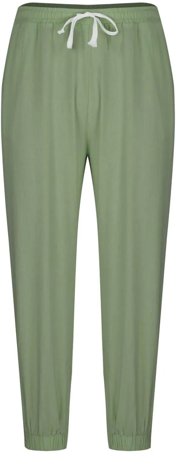 Cotton Linen Pants for Men Elastic Drawstring Waist Loose Casual Beach Pant Comfy Summer Travel Trousers Cinch Bottom
