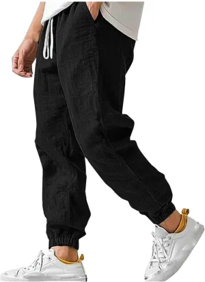 Cotton Linen Pants for Men Elastic Drawstring Waist Loose Casual Beach Pant Comfy Summer Travel Trousers Cinch Bottom