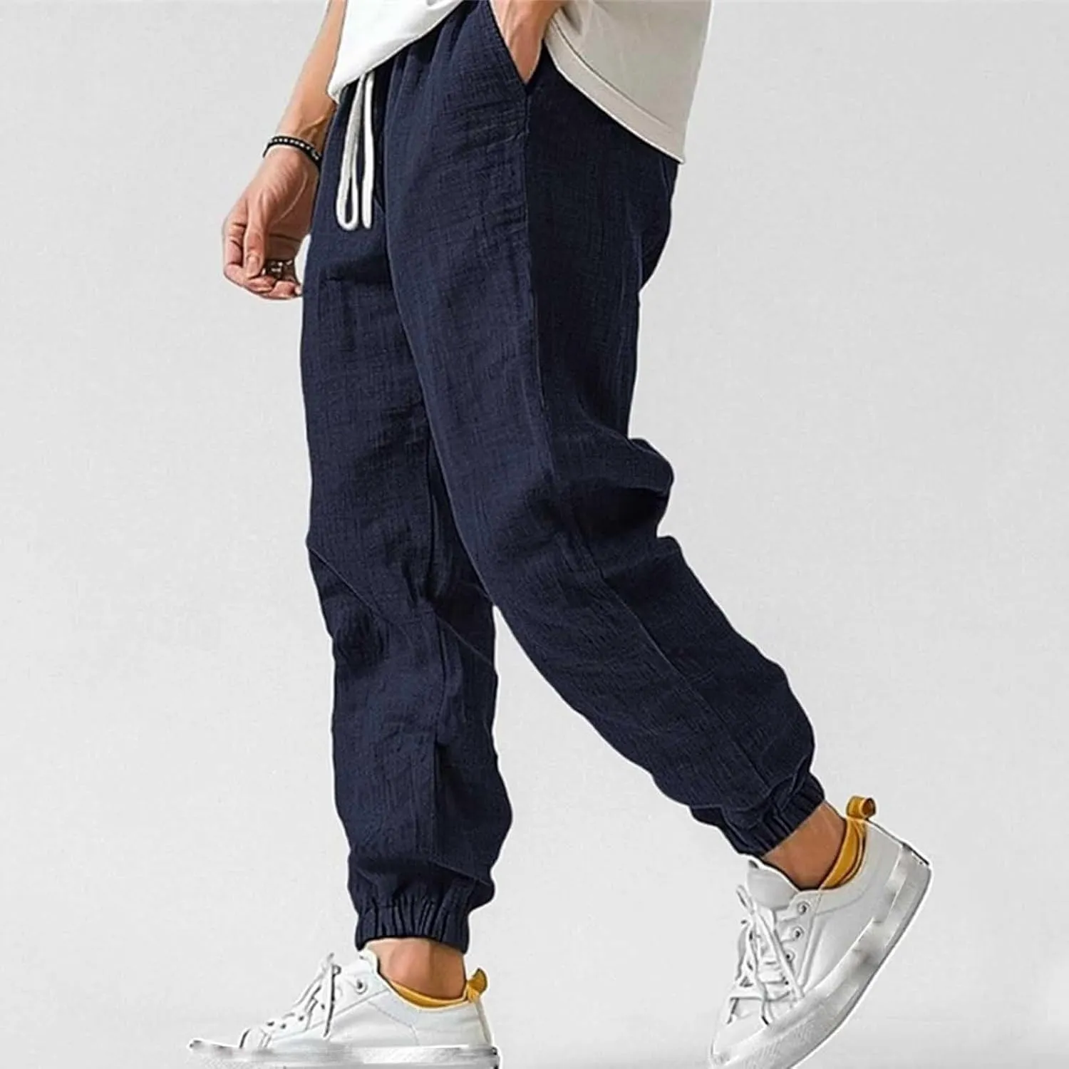 Cotton Linen Pants for Men Elastic Drawstring Waist Loose Casual Beach Pant Comfy Summer Travel Trousers Cinch Bottom
