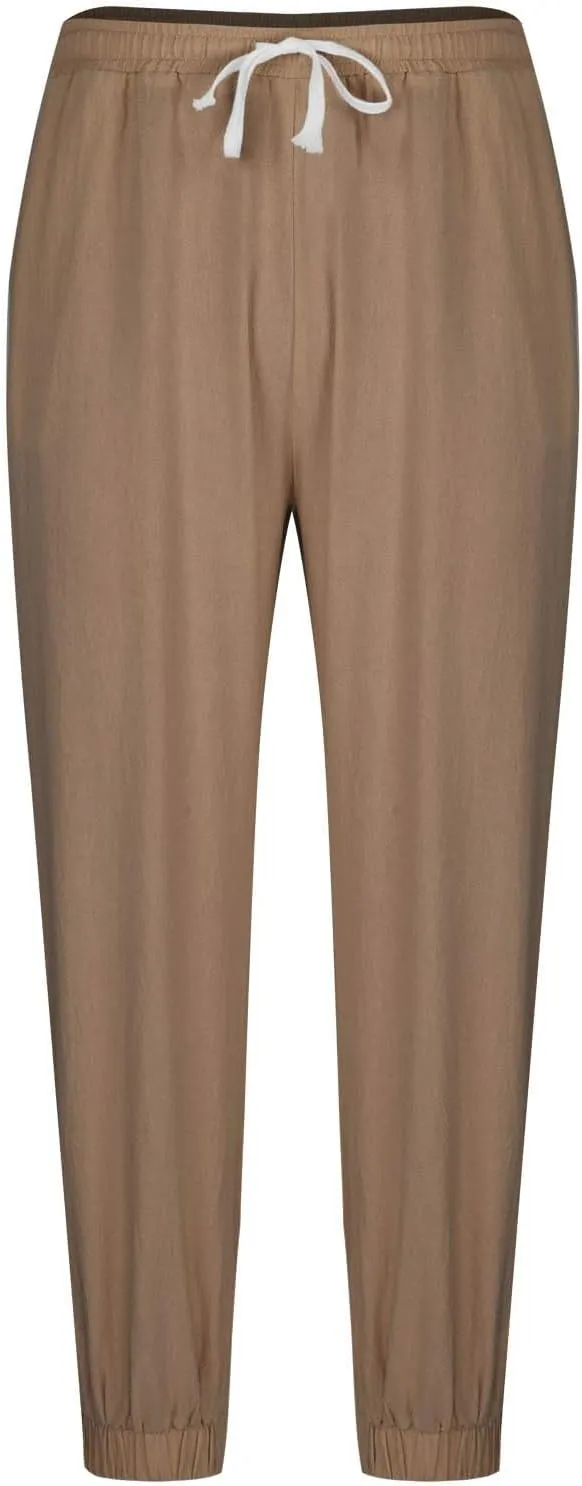 Cotton Linen Pants for Men Elastic Drawstring Waist Loose Casual Beach Pant Comfy Summer Travel Trousers Cinch Bottom