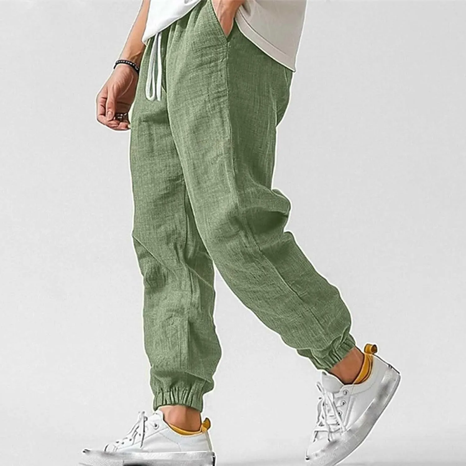 Cotton Linen Pants for Men Elastic Drawstring Waist Loose Casual Beach Pant Comfy Summer Travel Trousers Cinch Bottom