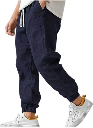 Cotton Linen Pants for Men Elastic Drawstring Waist Loose Casual Beach Pant Comfy Summer Travel Trousers Cinch Bottom