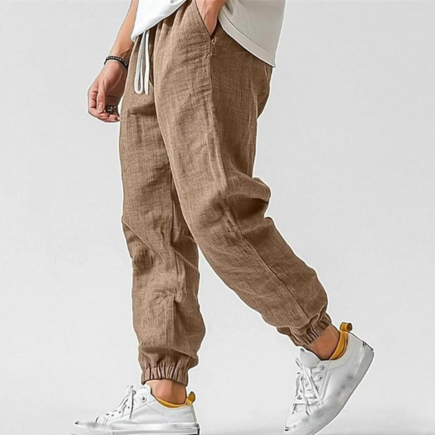 Cotton Linen Pants for Men Elastic Drawstring Waist Loose Casual Beach Pant Comfy Summer Travel Trousers Cinch Bottom