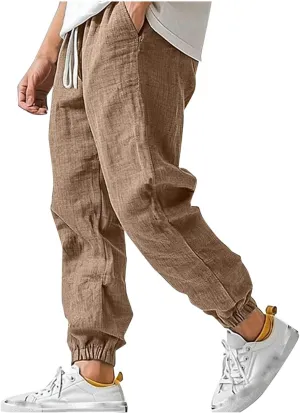 Cotton Linen Pants for Men Elastic Drawstring Waist Loose Casual Beach Pant Comfy Summer Travel Trousers Cinch Bottom