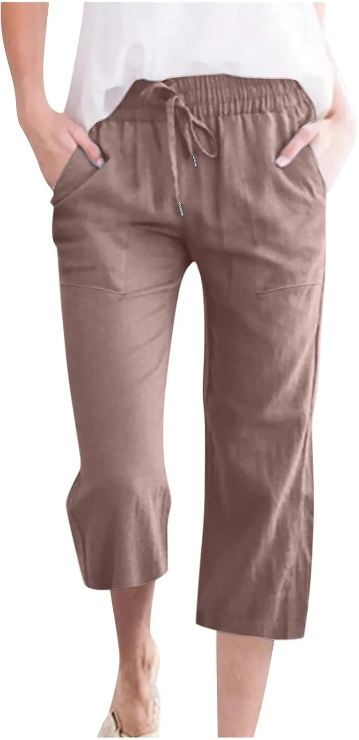 Cotton Linen Pants for Women 2024 Summer Drawstring Elastic Capri Pants High Waist Linen Pant Casual Loose Fit Pants