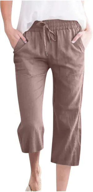 Cotton Linen Pants for Women 2024 Summer Drawstring Elastic Capri Pants High Waist Linen Pant Casual Loose Fit Pants