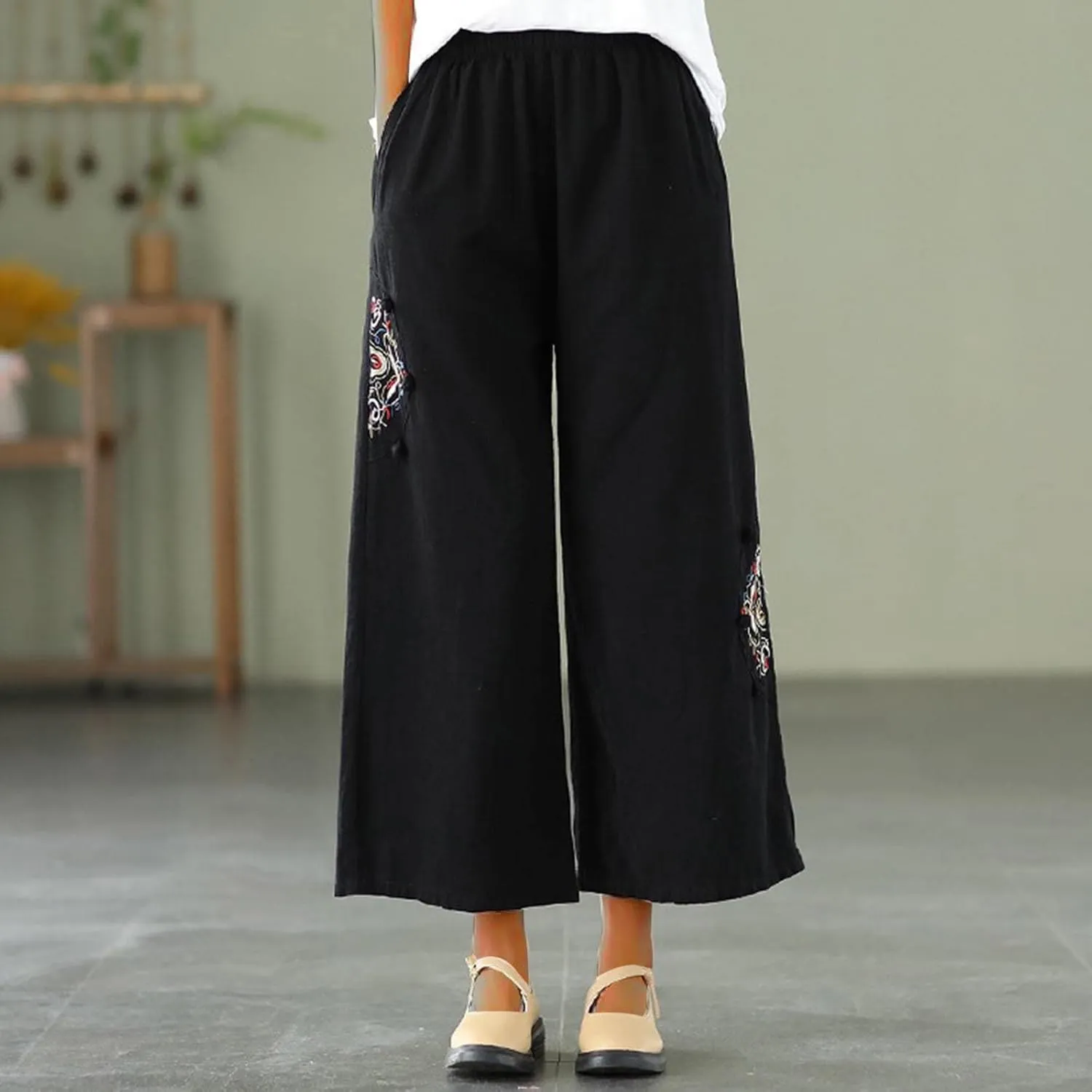 Cotton Linen Pants for Women Embroideried Capri Palazzo Pants Wide-Leg Pants Plus Size Baggy Slacks Trousers