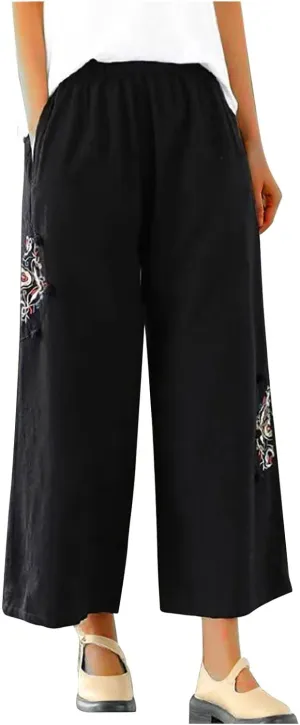 Cotton Linen Pants for Women Embroideried Capri Palazzo Pants Wide-Leg Pants Plus Size Baggy Slacks Trousers
