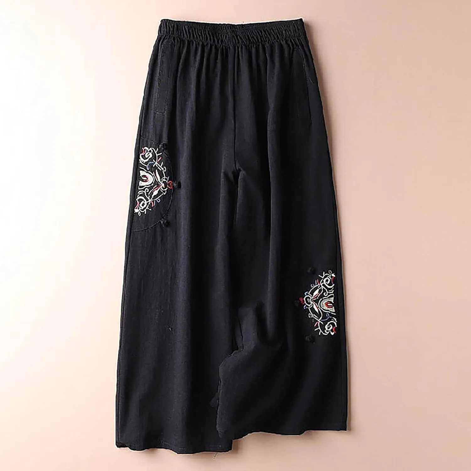 Cotton Linen Pants for Women Embroideried Capri Palazzo Pants Wide-Leg Pants Plus Size Baggy Slacks Trousers