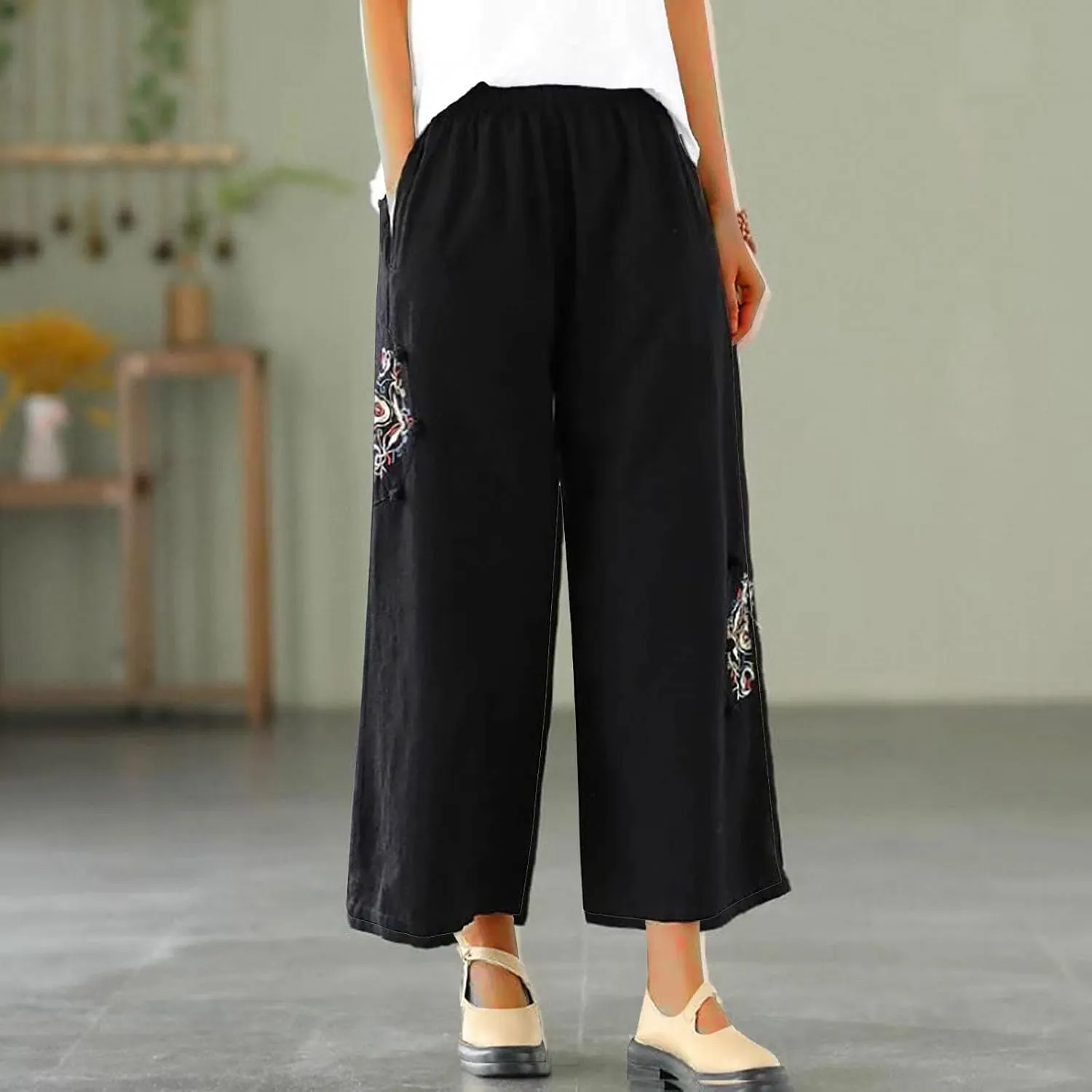 Cotton Linen Pants for Women Embroideried Capri Palazzo Pants Wide-Leg Pants Plus Size Baggy Slacks Trousers