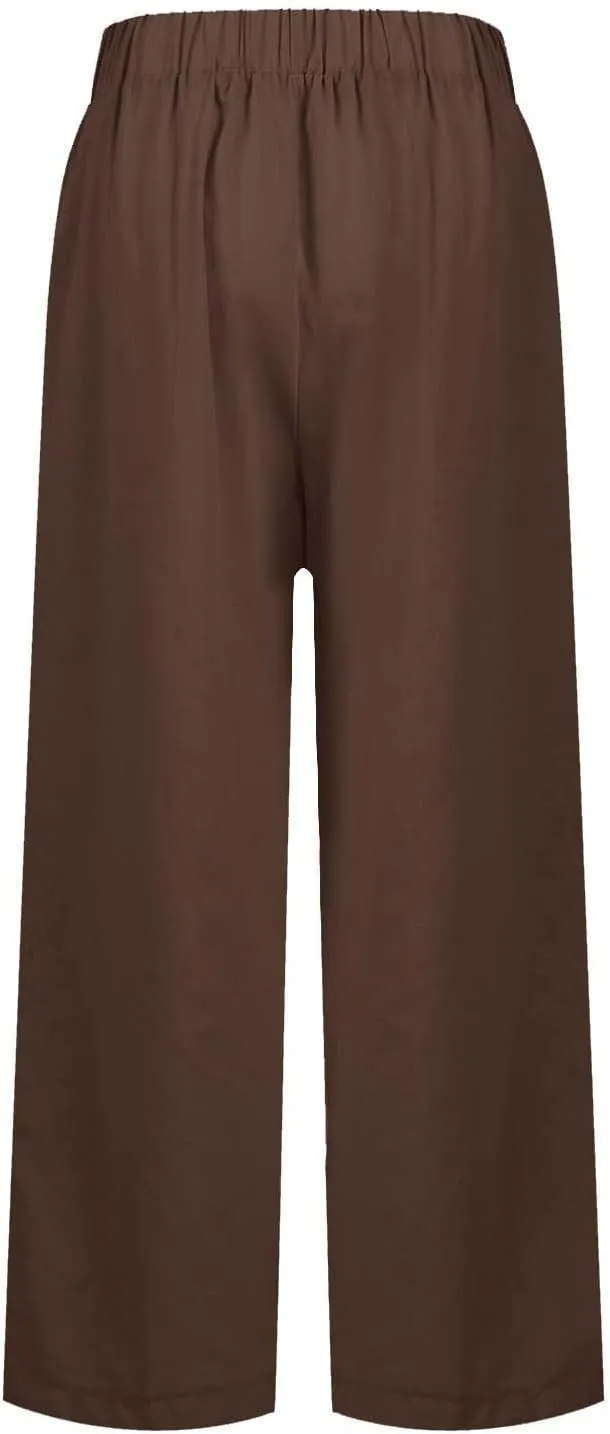 Cropped Linen Pants Women Summer Elastic Waist Straight Leg Plus Size Crop Pants Casual Beach Palazzo Trousers with Pockets