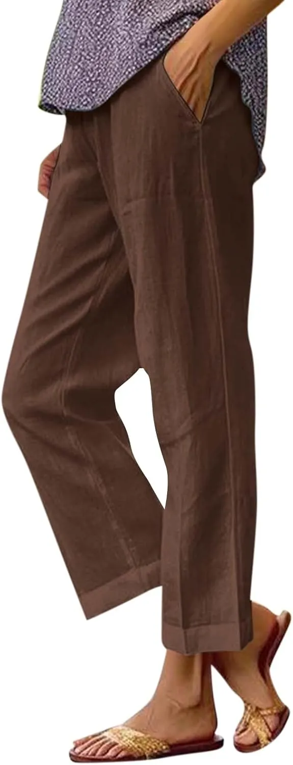 Cropped Linen Pants Women Summer Elastic Waist Straight Leg Plus Size Crop Pants Casual Beach Palazzo Trousers with Pockets